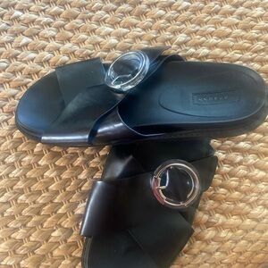 Black Slide Sandals with Clear Buckle